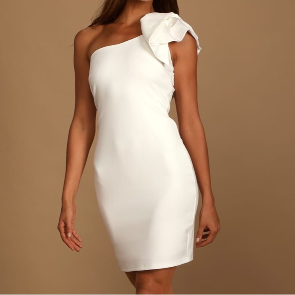 Lulu’s Be My Destiny White Ruffled One-Shoulder Mini Dress